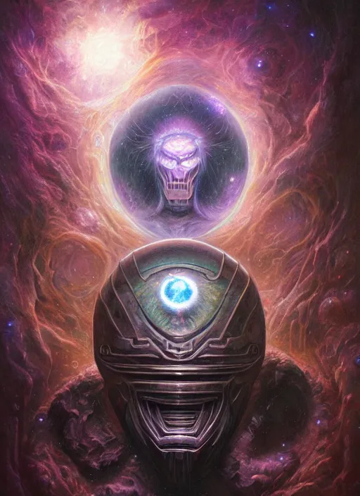 Image similar to dark horror cosmic crystal nebula mf doom glowing bright eyes, platinum skin, centered, digital painting, artstation, concept art, smooth, sharp focus, illustration, artgerm, tomasz alen kopera, peter mohrbacher, donato giancola, joseph christian leyendecker, wlop, frank frazetta