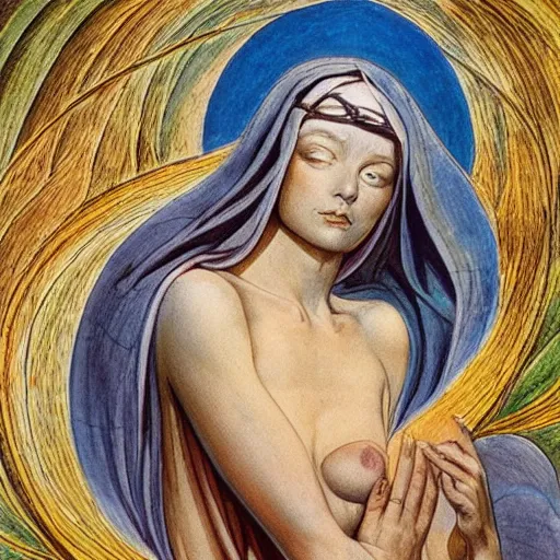 Image similar to most beautiful stabat mater, silk brethren, azure milieu of desert of reality, in the style of william blake, terese nielsen, detailed, intricate, beautiful faces, steve argyle, pastoral fantastic reality