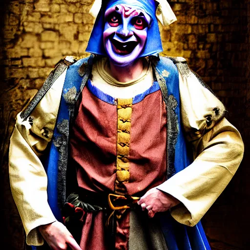 Image similar to medieval jester, sinister, photograph, portrait,