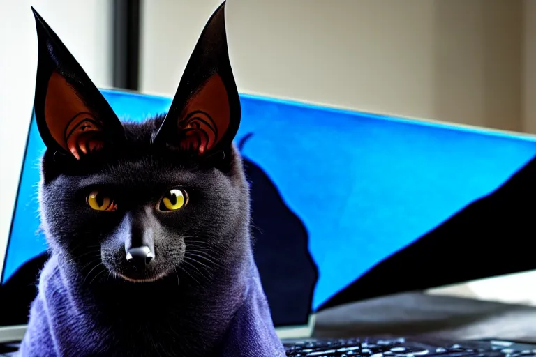 Image similar to a blue - and - black male catbat fursona with blue / green heterochromatic eyes and huge bat ears, photo of the catbat streaming on his computer