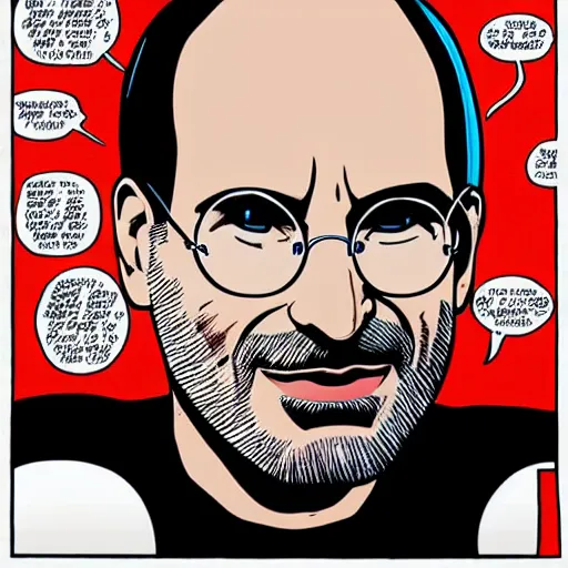 Image similar to comic book art of Steve Jobs thinking, apple, highly detailed, pop art