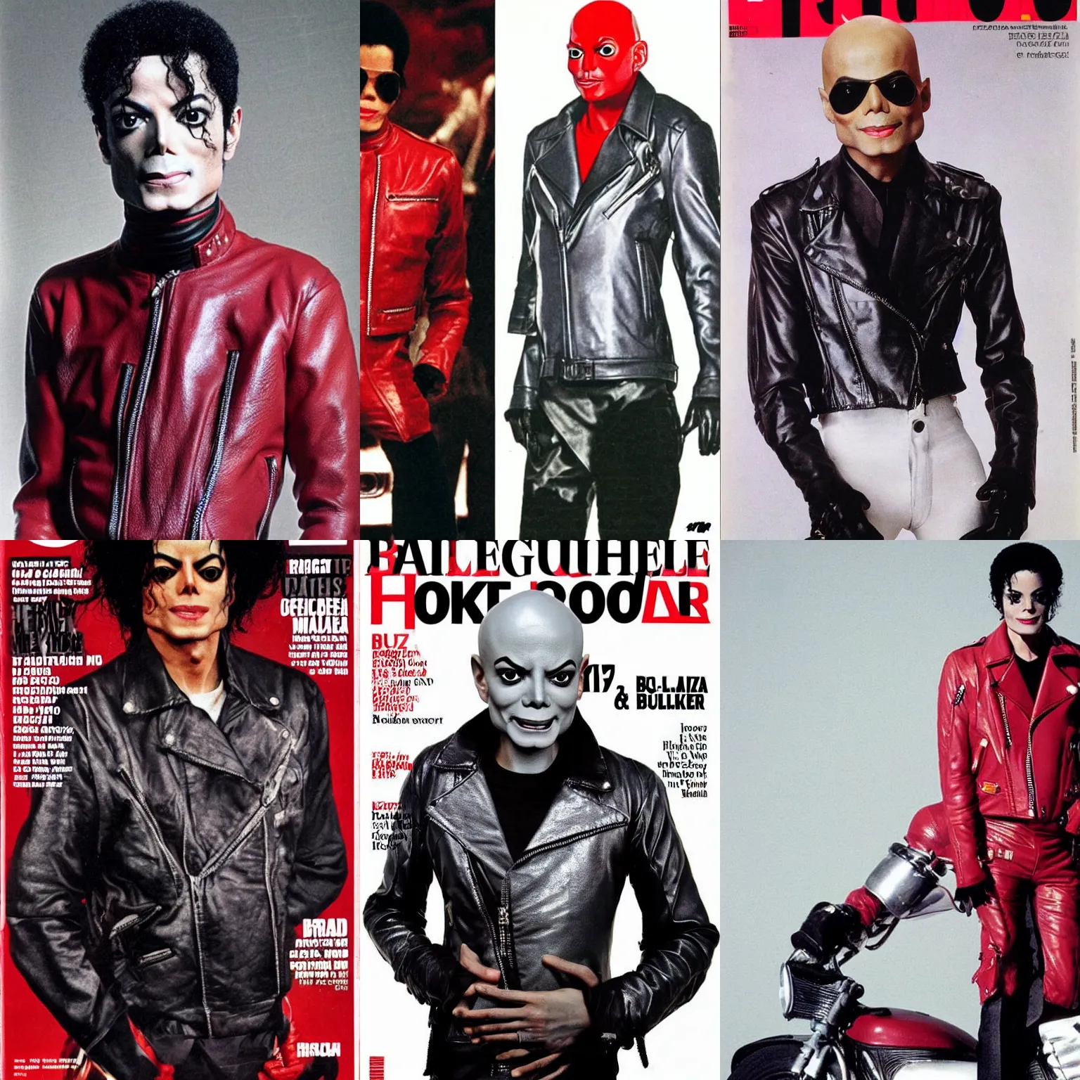 Prompt: bald michael jackson, with grey skin, huge bulbous black eyes, sectoid, zeta reticulans, roswell greys, gray, wearing the red leather motorcycle jacket from thriller, high fashion magazine cover.