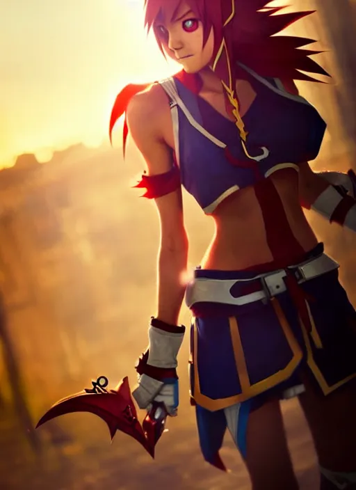 Image similar to female cosplayer wearing cosplay of sora from kingdom hearts. woman's face. art by greg rutkowski, art by pascal blanche. crisp quality. digital photography. trending in deviantart.