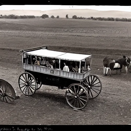 Image similar to a birds - eye view sepia photograph of a delorean made into a covered wagon, traveling in a line with covered wagons and cattle