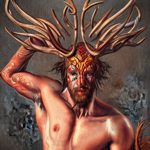 Prompt: Dramatic portraiture of Uuen, the Pictish god of stags, mixed media, trending on ArtStation, by Jim Valentino and ArtGerm and Lucian Freud, Kodachrome
