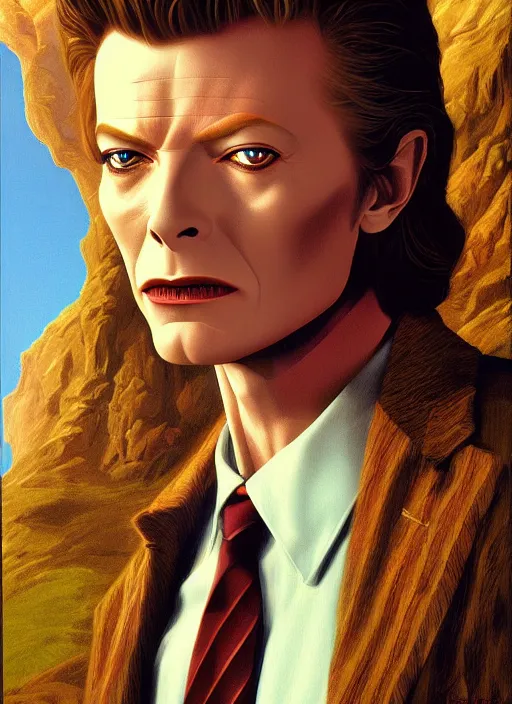 Image similar to twin peaks poster art, portrait of david bowie arriving in tweak peaks, by michael whelan, rossetti bouguereau, artgerm, retro, nostalgic, old fashioned