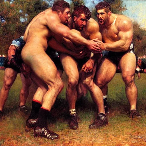 Prompt: handsome rugby players in a scrum painting by gaston bussiere, craig mullins, j. c. leyendecker, tom of finland, marble sculpture