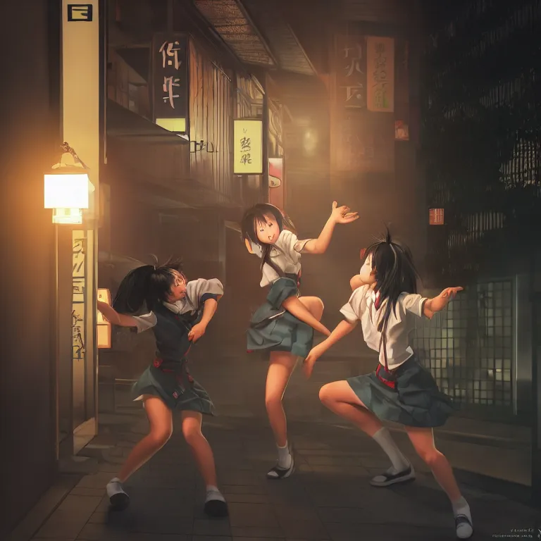 Image similar to two japanese schoolgirls fighting behind a 7 - 1 1 at night, intricate details, complementary lighting, detailed face, backlighting, octane render, raytraced, depth of field, extremely detailed, trending in artstation, focus on face, sharp focus, radiant light, beautiful composition, yihao ren, zochi, zero - hour, jean paul fiction