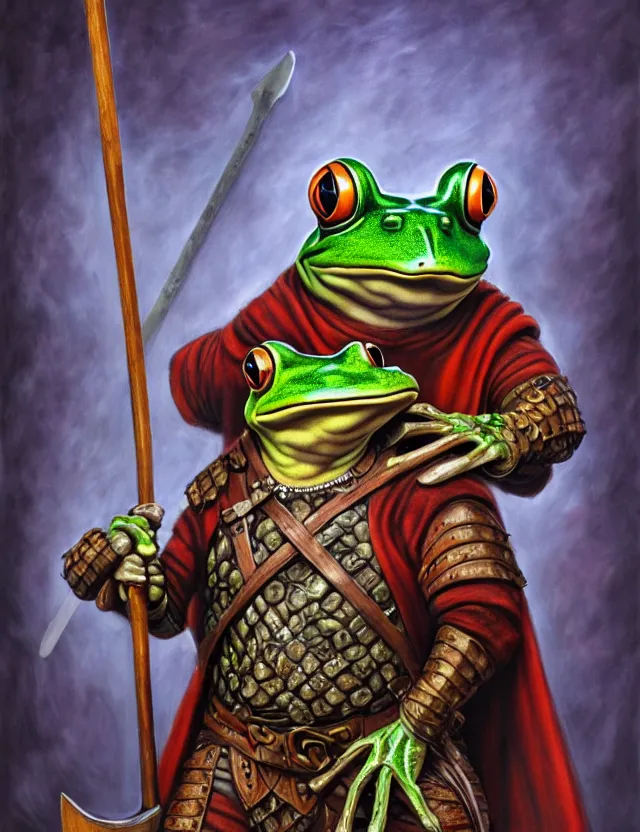Prompt: anthropomorphic bipedal frog that is dressed as a medieval barbarian, and holding a giant club, as a matte oil painting, d & d character reveal, by alex grey, standing, fullbody, tattoos, piercings, knickknacks, mystic, concept art, award - winning, extremely detailed, sharp focus