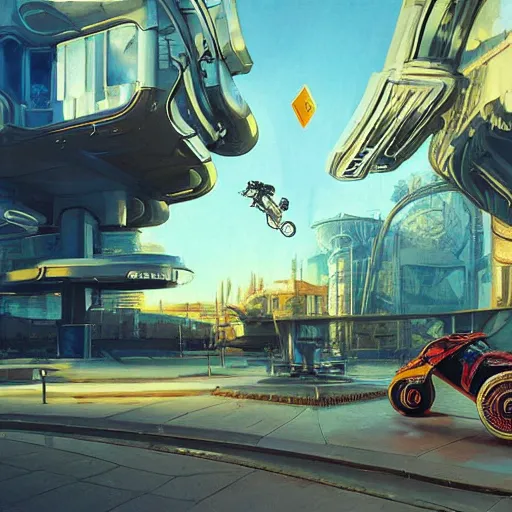 Image similar to painting of syd mead artlilery scifi hover bike with ornate metal work lands on a sidewalk, filigree ornaments, volumetric lights, simon stalenhag