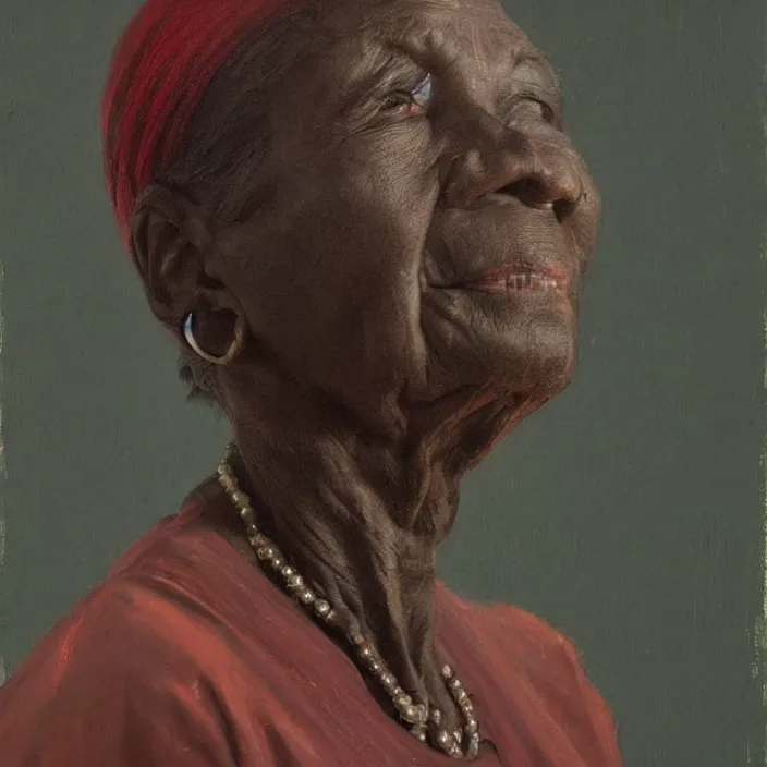 Image similar to a painting of a elder woman by Lynette Yiadom-Boakye . details, smooth, sharp focus, illustration, realistic, cinematic, artstation, award winning, rgb , unreal engine, octane render, cinematic light, macro, depth of field, blur, red light and clouds from the back, highly detailed epic cinematic concept art CG render made in Maya, Blender and Photoshop, octane render, excellent composition, dynamic dramatic cinematic lighting, aesthetic, very inspirational, arthouse.