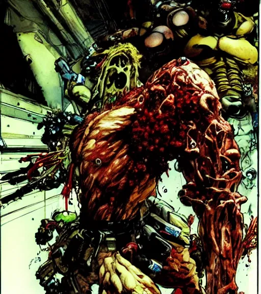 Image similar to a scene of a man being overtaken by a fungal parasite which continues to eat away at his innards and guts until he screams, comic book art, by yoji shinkawa and takehiko inoue and kim jung gi, masterpiece, perfect