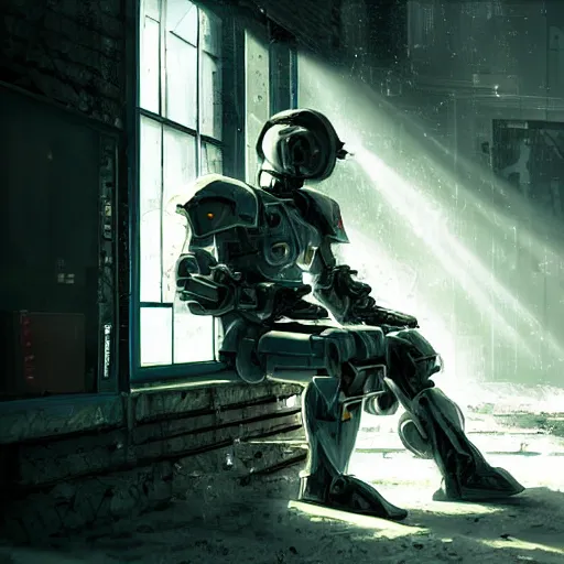 Prompt: 2044 White mecha armor intimidating warrior sitting on the couch in abandoned warehouse sunlight pours in through a multipane window revealing dust motes and god rays cyberpunk photo