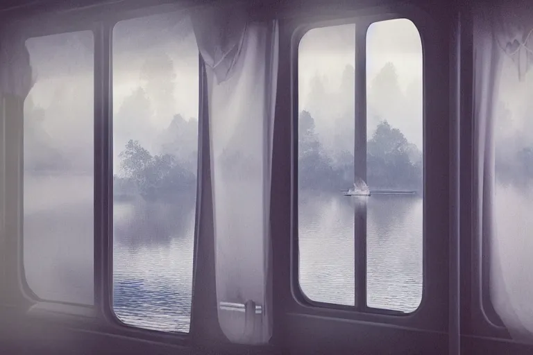 Image similar to looking out from the window of a train that is sailing on the water, the windows are fluttering with transparent gauze curtains, the sun shines in, fog and swans over the river, by William-Adolphe Bouguerea, Jordan grimmer, fractal flame. Highly_detailded