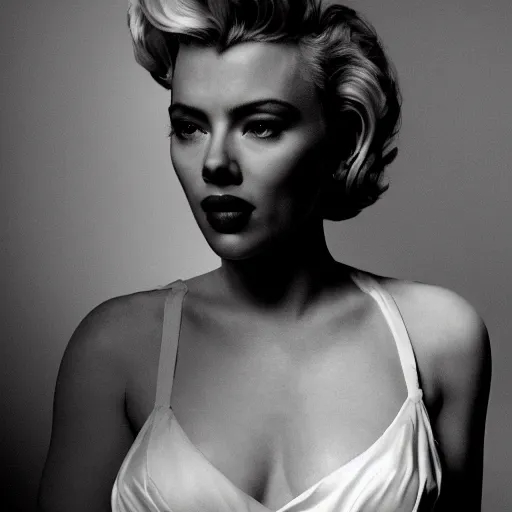 Image similar to stunning awe inspiring scarlett johansen as marilyn monroe, movie still 8 k hdr atmospheric lighting