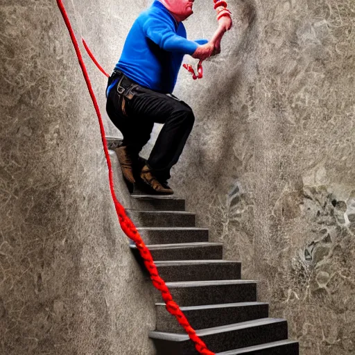 Prompt: Donald Trump struggling to climb a staircase, with climbing gear and ropes on, screaming, angry, 4k, high quality photograph