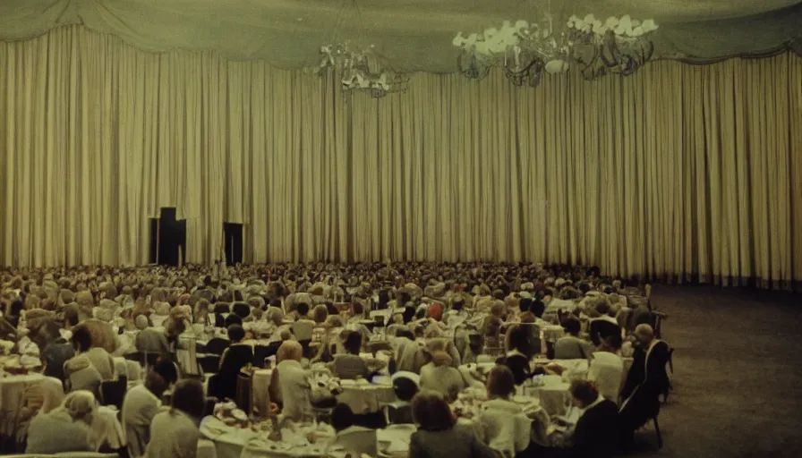 Prompt: 70s movie still of a man with elongated head in a soviet ballroom, eastmancolor, heavy grain, high quality, higly detailed, liminal space