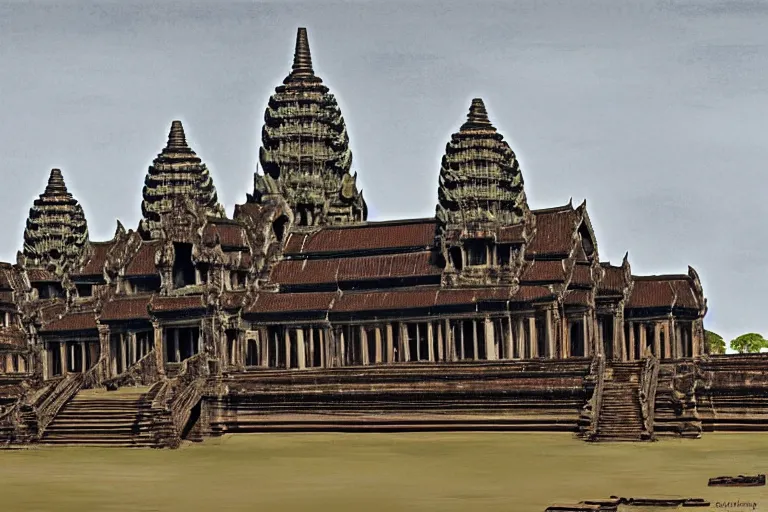 Image similar to angkor wat in the middle of a busy town, big crowd, many vehicles, many buildings, concept art, digital painting by shaddy safadi