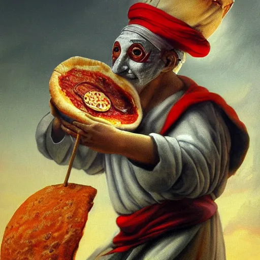 Image similar to a highly detailed pulcinella! with a pizza! margherita, full body, volcano in background, lava and smoke, ominous, detailed painting by arturo faldi, trending on deviantart, octane, masterpiece