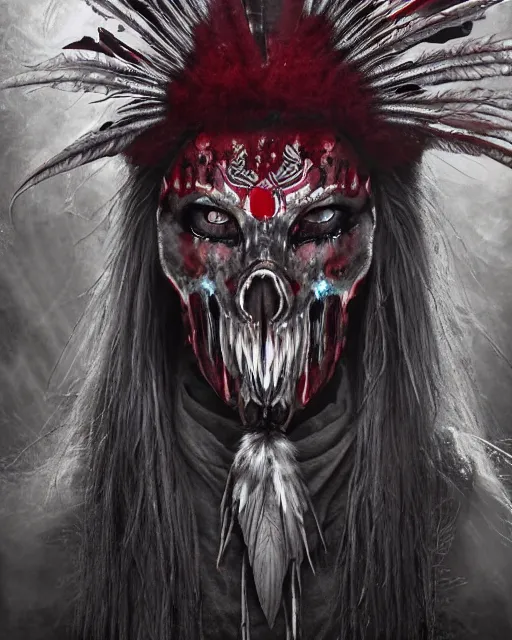 Image similar to wolf mutant ghost - spirit of the grim - warpaint wears the scarlet skull armor and native blood headdress feathers, midnight fog - mist!, dark oil painting colors, realism, cinematic lighting, various refining methods, micro macro autofocus, ultra definition, award winning photo, photograph by ghostwave - gammell - giger - shadowlord