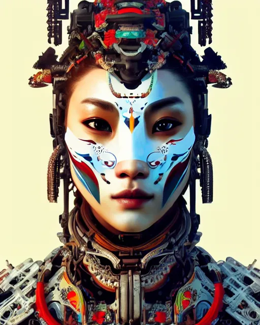 Image similar to portrait of a machine from horizon zero dawn, machine face, decorated with chinese opera motifs, asian, asian inspired, intricate, elegant, highly detailed, digital painting, artstation, concept art, smooth, sharp focus, illustration, art by artgerm and greg rutkowski and alphonse mucha, 8 k