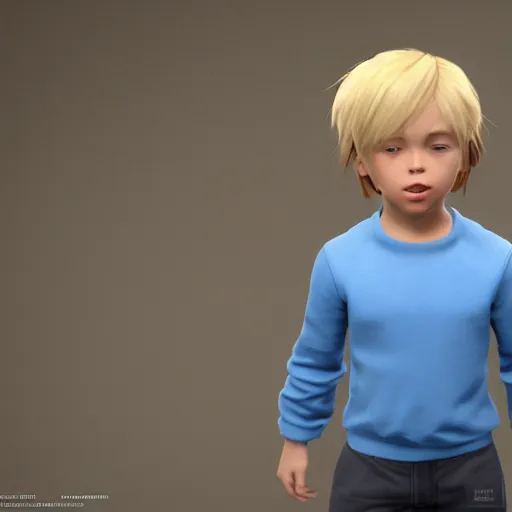 Image similar to a detailed full body of boy with blonde hair and blue eyes, unreal engine 5 rendered, incredibly highly detailed and realistic, 8 k, sharp focus, studio quality