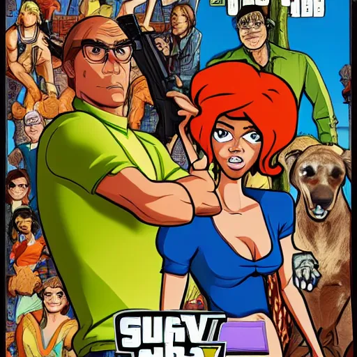 Prompt: Scooby Doo in GTA 5, cover art by stephen Bliss, no text, wearing a bikini, holding a gun, trending on artstation