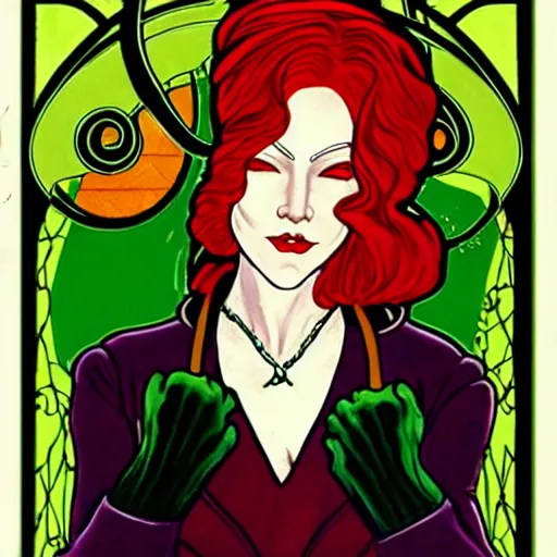 Image similar to <https://s.mj.run/MAM_1SzRI5U> redhead woman, art nouveau, villian, green