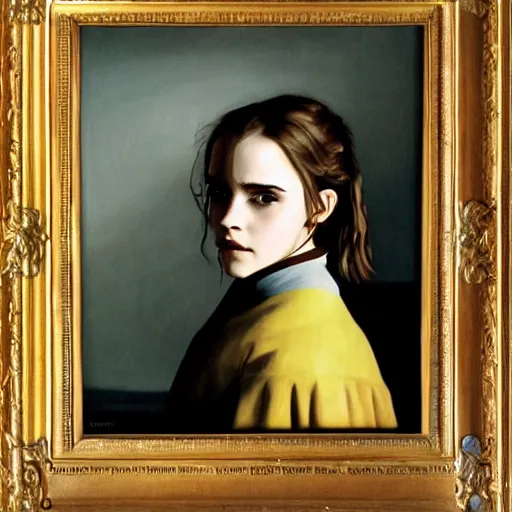 Prompt: Painting of Emma Watson as Hermione Granger. Art by Vermeer. During golden hour. Extremely detailed. Beautiful. 4K. Award winning.
