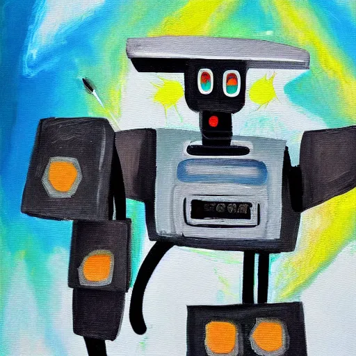 Prompt: a painting robot breaks down