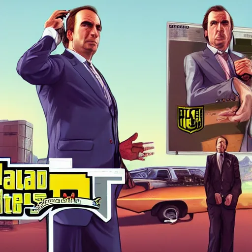 Image similar to saul goodman in GTA V, cover art by stephen Bliss, artstation, no text
