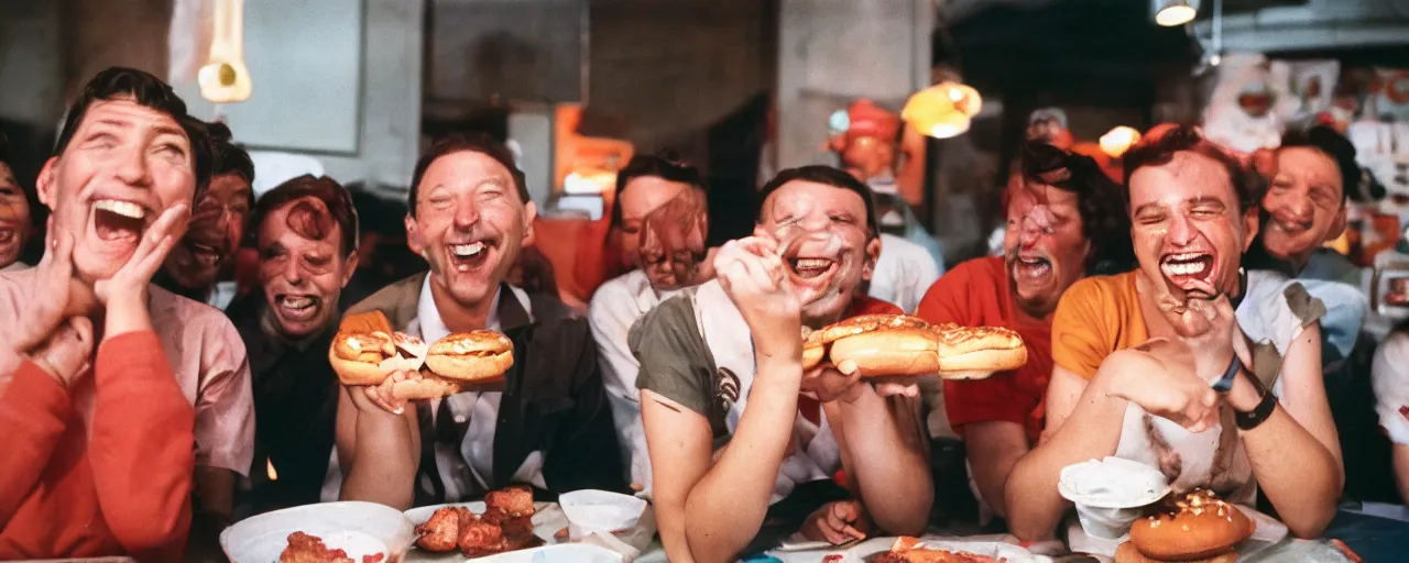 Image similar to a group of people laughing at a man with hamburgers for ears, canon 5 0 mm, cinematic lighting, photography, retro, film, kodachrome, closeup