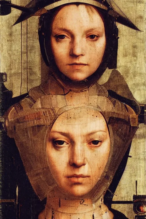 Image similar to a close - up portrait of a cyberpunk cyborg girl, by hans holbein the younger, rule of thirds