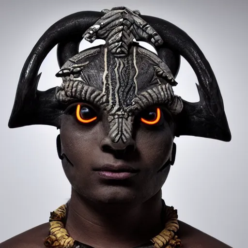 Prompt: A human-like creature with glowing white eyes and a powerful, thick neck. Ram-like horns protrude from it's head. Tribal bone jewelry decorates his features