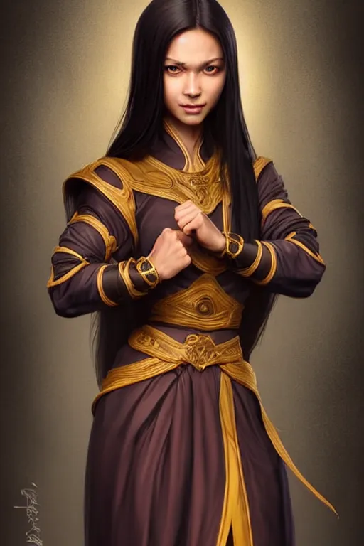 Prompt: a full body portrait of a gorgeous female monk, D&D, fighting stance, clenched fists, stylish dress, very long flowing dark hair, beautiful bone structure, intricate, elegant, stylish, cute slightly nerdy smile, fantasy, highly detailed, digital painting, artstation, concept art, smooth, sharp focus, illustration, art by artgerm and greg rutkowski and alphonse mucha