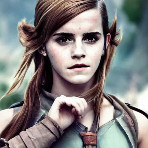 Image similar to Emma Watson modeling as Ilia from Zelda, (EOS 5DS R, ISO100, f/8, 1/125, 84mm, postprocessed, crisp face, facial features)