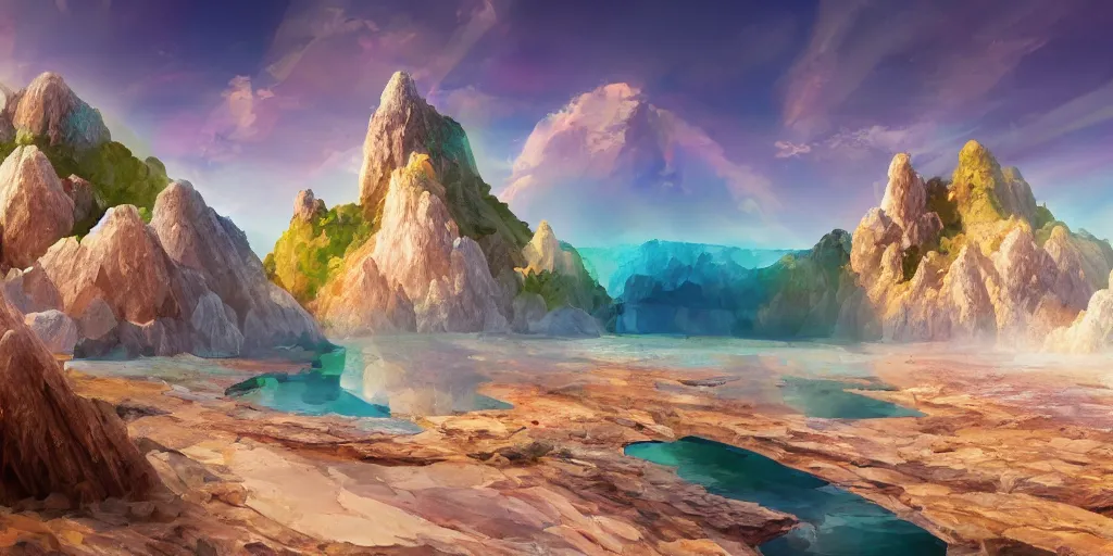 Image similar to salt covered islands surrounded by sheer colourful quartz cliffs, illustration, bright sunlight, sun glints, sunrays, digital art, oil painting, fantasy, 8 k, trending on artstation, detailed