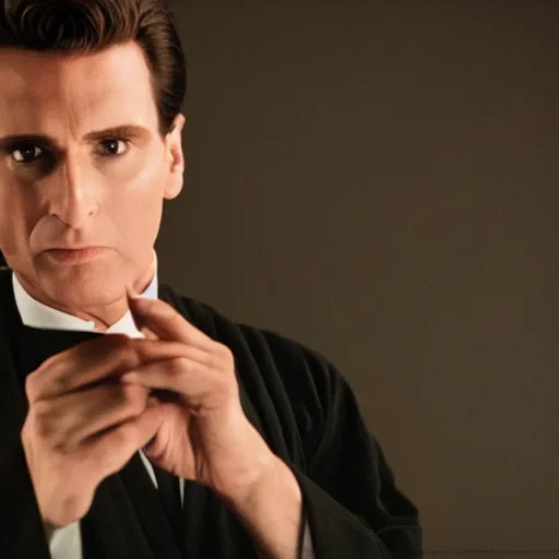 Prompt: patrick bateman wearing black robe and golden necklace cinematic photoshoot high quality highly affordable photo realistic 8 k hd