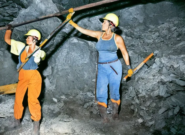 Image similar to 90's professional color photograph, A very muscular miner woman wielding a pickaxe in the mine.