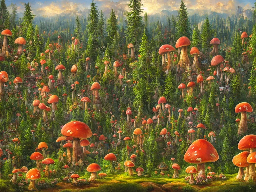 Prompt: A beautiful painting of a pine forest with a toadstool village, houses in the shape of mushrooms, whimsical cottagecore cabins, Digital Art by James Christensen, Trending on artstation