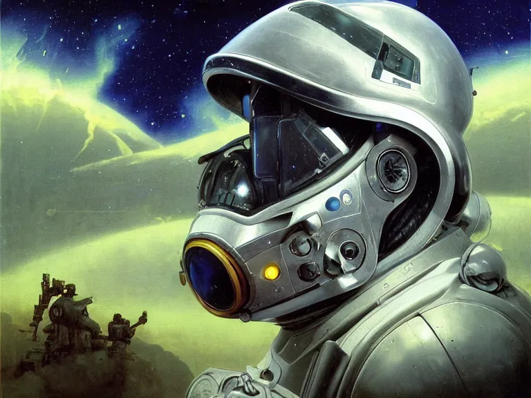 Prompt: a detailed profile oil painting of an advanced shock trooper in a spacesuit with reflective helmet, technology flight suit, portrait symmetrical and science fiction theme with lightning, aurora lighting clouds and stars by beksinski carl spitzweg and tuomas korpi. baroque elements, full-length view. baroque element. intricate artwork by caravaggio. Trending on artstation. 8k