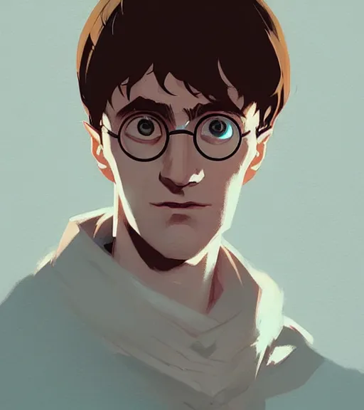 Image similar to portrait of a mage ( harry potter ) by atey ghailan, by greg rutkowski, by greg tocchini, by james gilleard, by joe fenton, by kaethe butcher, dynamic lighting, gradient light blue, brown, blonde cream and white color scheme, grunge aesthetic