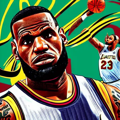 Image similar to lebron james as gta v cover art, sharp details, sharp focus