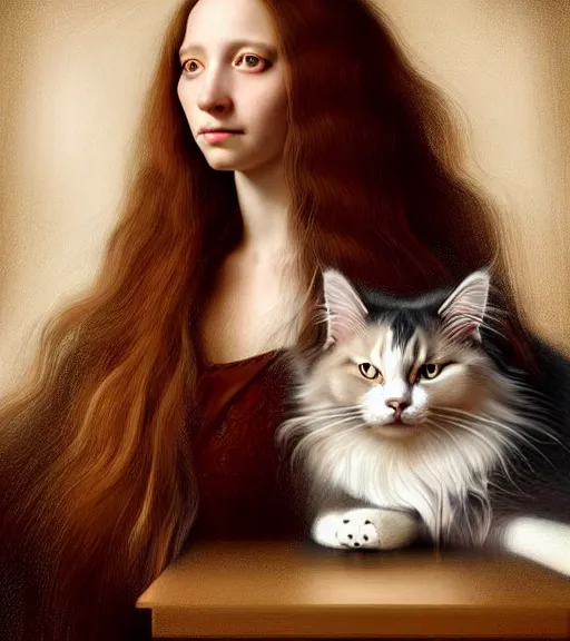 Image similar to portrait of a long - haired woman with her cat sitting upon a table with heightened detail, poised, intense emotion, detailed facial expression, detailed surroundings, intricate, elegant, highly detailed, centered, digital painting, artstation, concept art, smooth, sharp focus, illustration, by ( leonardo da vinci ), wlop