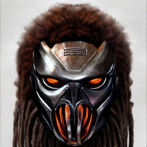 Image similar to predator 1 9 8 7 mask redesign, portrait, highly detailed, dreadlocks, mandables, digital painting, trending on artstation, concept art, illustration