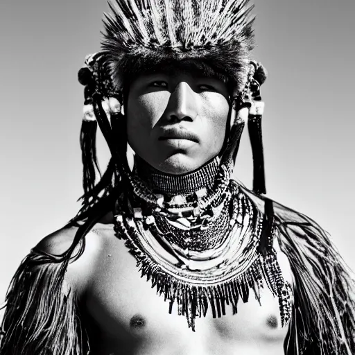 Prompt: a portrait of a beautiful young raramuri male wearing an alexander mcqueen armor , photographed by andrew thomas huang, artistic