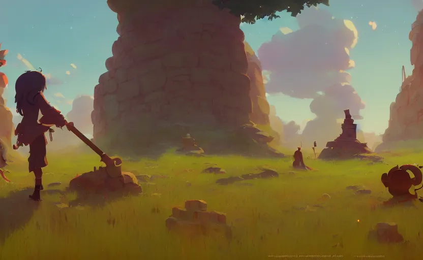 Image similar to fantasy field with the remains of ancient temples, cory loftis, james gilleard, atey ghailan, makoto shinkai, goro fujita, studio ghibli, rim light, exquisite lighting, clear focus, very coherent, plain background, soft painting