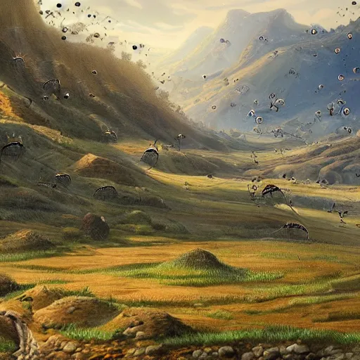 Image similar to a landscape painting of hills covered in robotic ants, painting, highly detailed