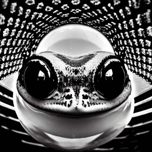 Prompt: symmetry! a big black and white frog with big eyes, sitting on top of a backlit glass sphere. super close - up. monochrome, 2 4 mm wide - angle. award - winning photo.