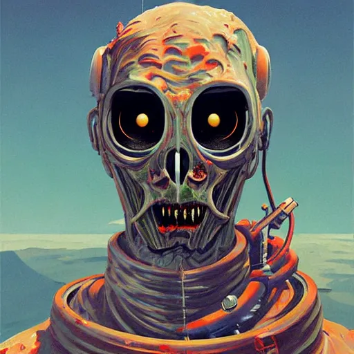 Image similar to Zombie astronaut portrait half face robot,highly detailed, very coherent, painted by Francis Bacon and Edward Hopper, Wayne Barlowe, painted by James Gilleard, surrealism, airbrush, art by JamesJean